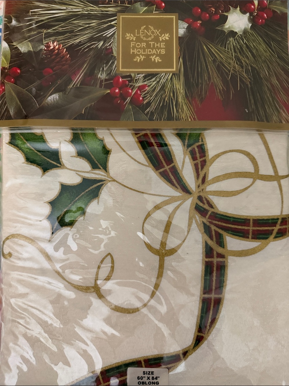 Lenox White, Green, Gold Holiday Tablecloth with Plaid Ribbon and Holly